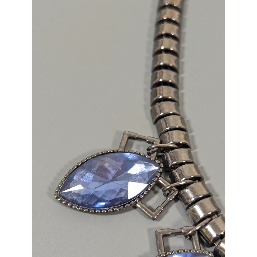 Blue Oval Rhinestone Charm Chain Statement Necklace Whimsigoth Bold‎ 21 in - Picture 7 of 9